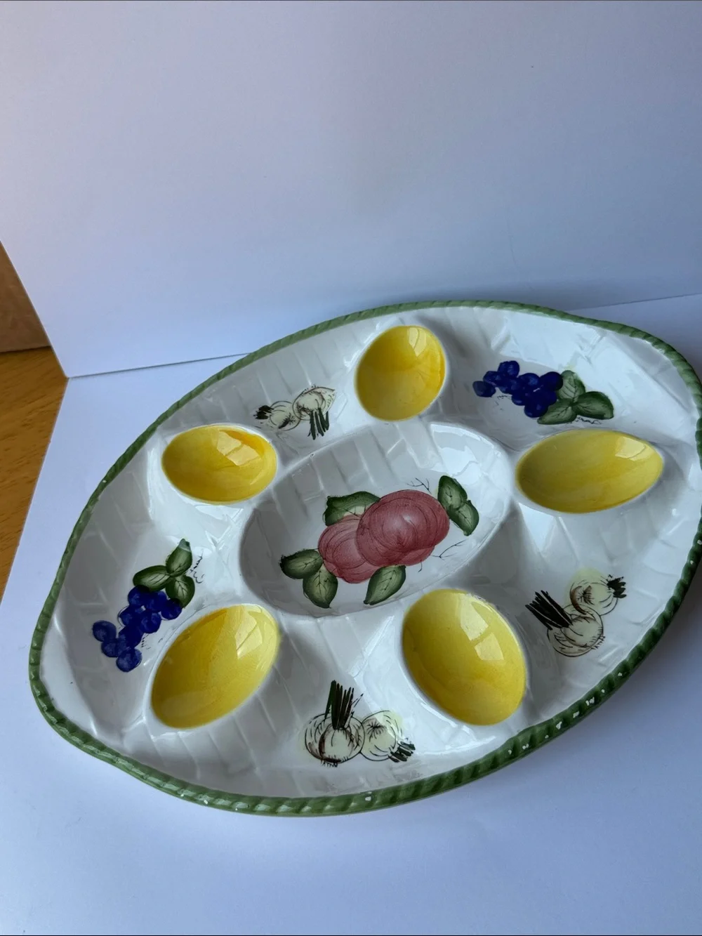 60s-70s Deviled Egg Platter. Hand-painted fruit and vegetable ceramic dish